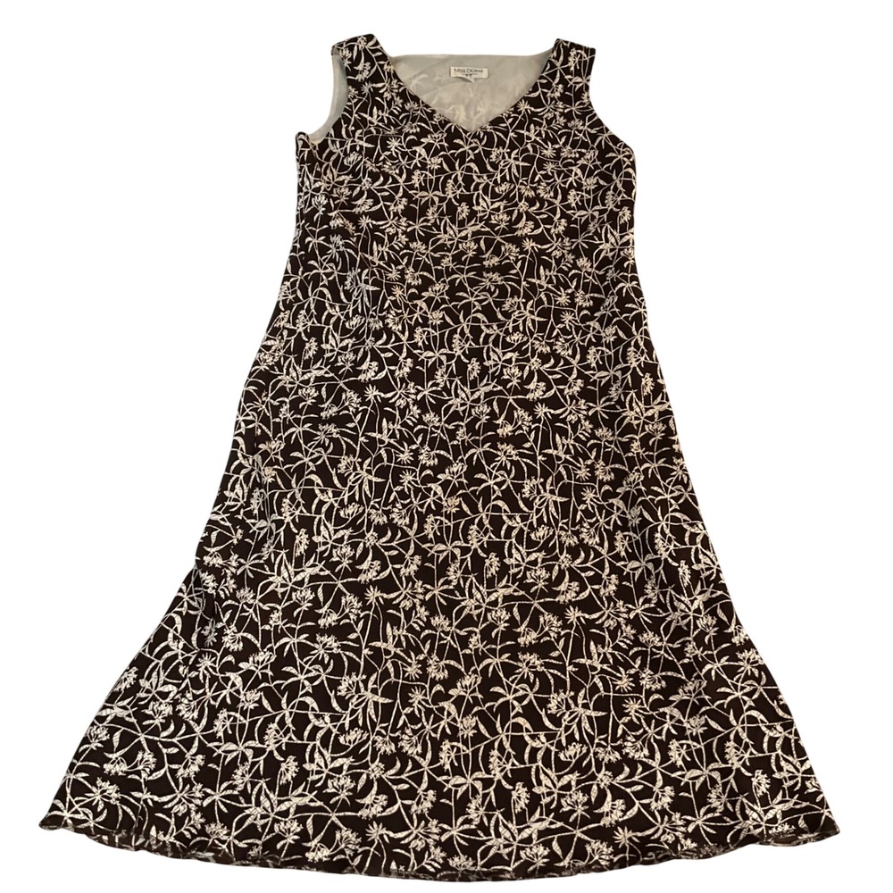 Vintage Miss Dorby Sleeveless Dress Womens 14 Brown White Floral V-Neck Midi